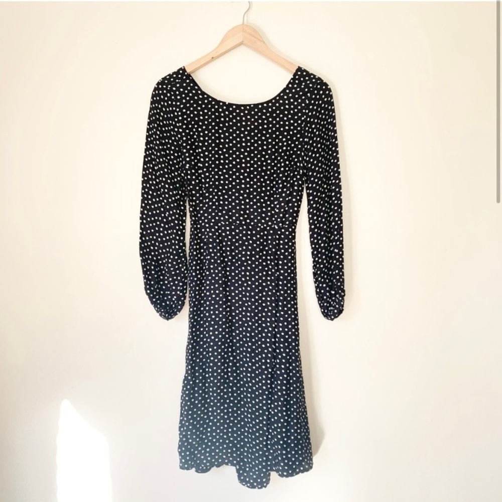 Anthropologie Agatha Black White Polka Dot Midi Dress Balloon Sleeve Cut Out
